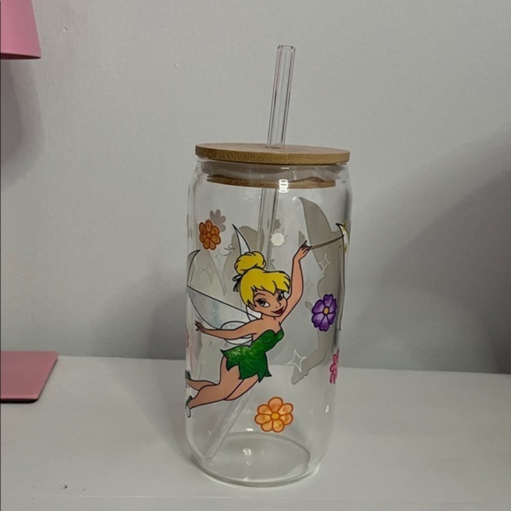 Tinkerbell Glass Can with glass straw